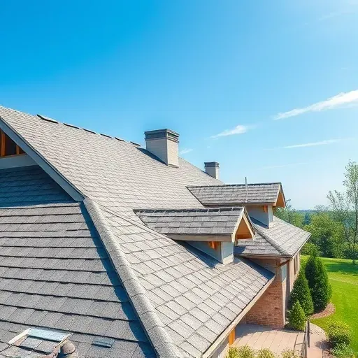 Close-up of a modern Columbus Ohio home roof with gray asphalt shingles, wooden rafters, flashing, and lush greenery.