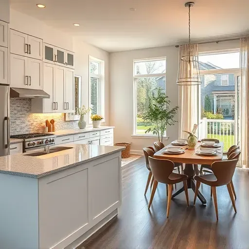 Stylish Hilliard OH kitchen remodel features sleek cabinetry, quartz island, and elegant dining area bathed in natural light.