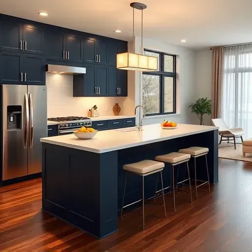 Contemporary kitchen in Grandview Heights with navy cabinetry, stainless appliances, and elegant decor items throughout.