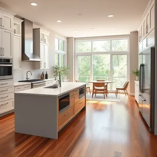 Renovated kitchen in Riverlea OH with modern cabinetry, quartz island, stainless steel appliances, and inviting decor.