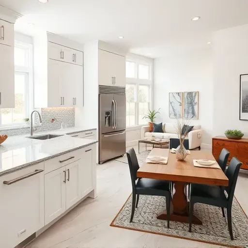 Modern kitchen remodel in Whitehall, OH with sleek cabinetry, marble island, and bright natural light highlighting details.