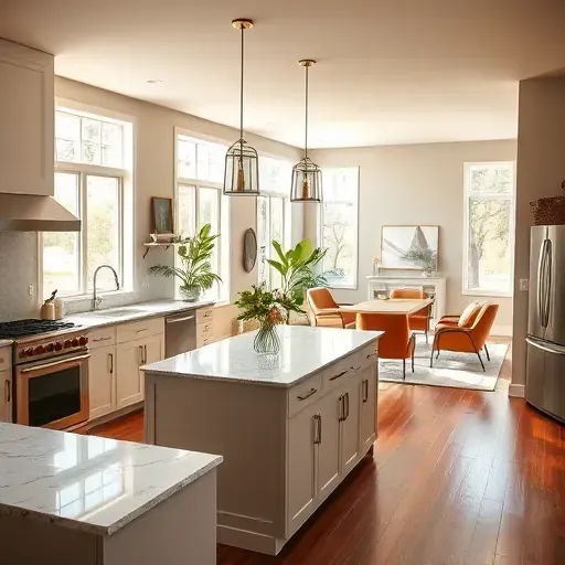 Modern kitchen in Etna, OH, features elegant marble countertops, custom cabinetry, and large windows for natural light.
