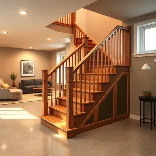 Remodeled basement staircase in Columbus Ohio with wooden steps modern balusters polished handrail polished concrete flooring and cozy lounge area