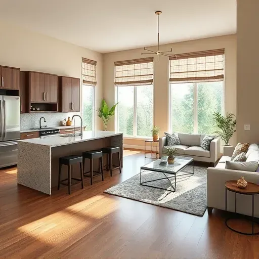 Modern kitchen and living space remodel in Pickerington, OH with stainless steel appliances and plush furnishings.