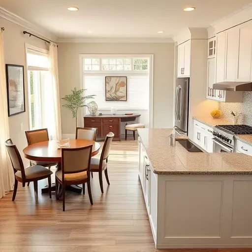 Modern kitchen and dining area in Harrisburg OH featuring stainless steel appliances, granite countertops, and custom cabinetry.