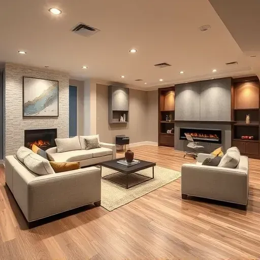 Finished basement in Columbus OH featuring modern design, a cozy fireplace, and ample natural light creating an inviting space.