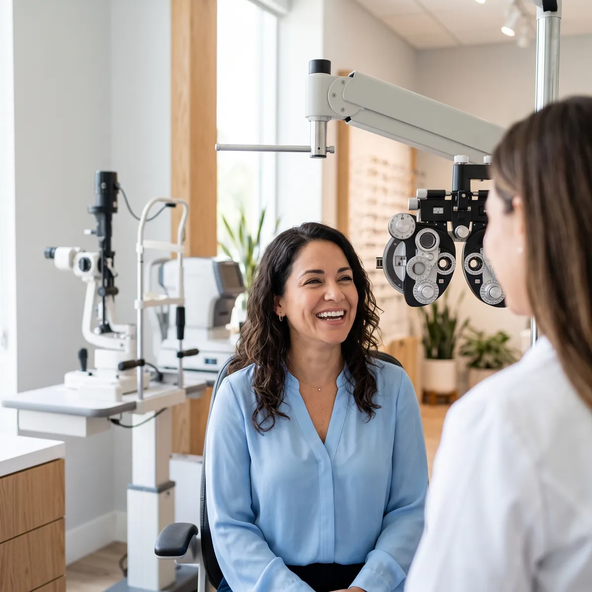 A smiling woman at an eye exam