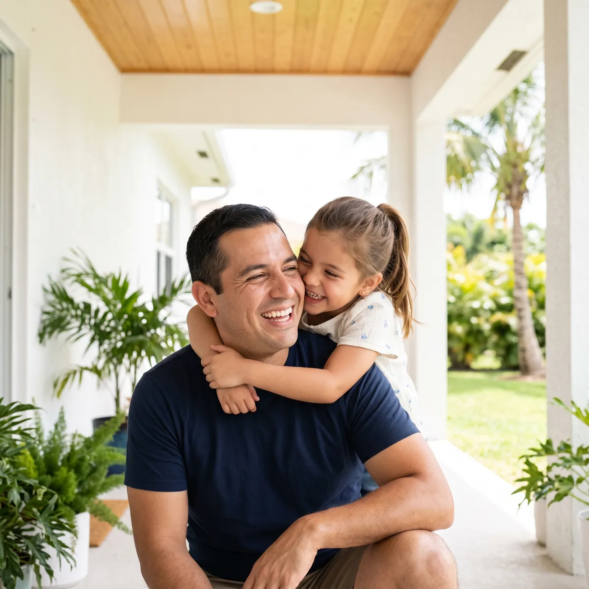 A parent and child laughing together