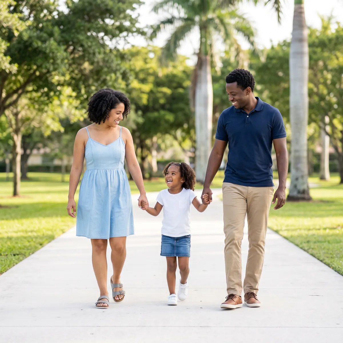 A young family walking together outdoors