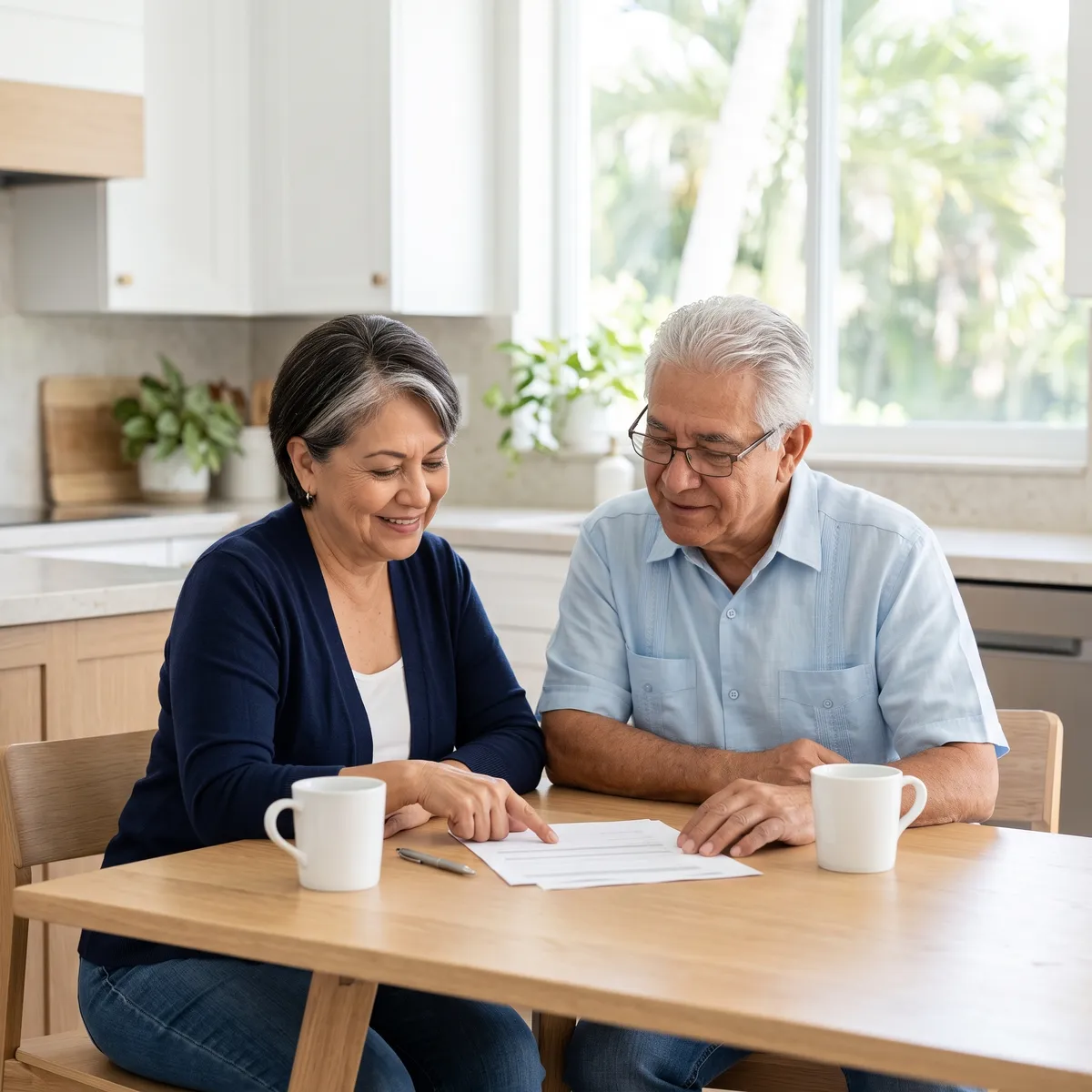 An older couple reviewing papers together at a kitchen table