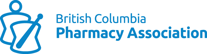 Logo for British Columbia Pharmacy Association, consisting of a blue stylized figure forming the letters BC alongside text