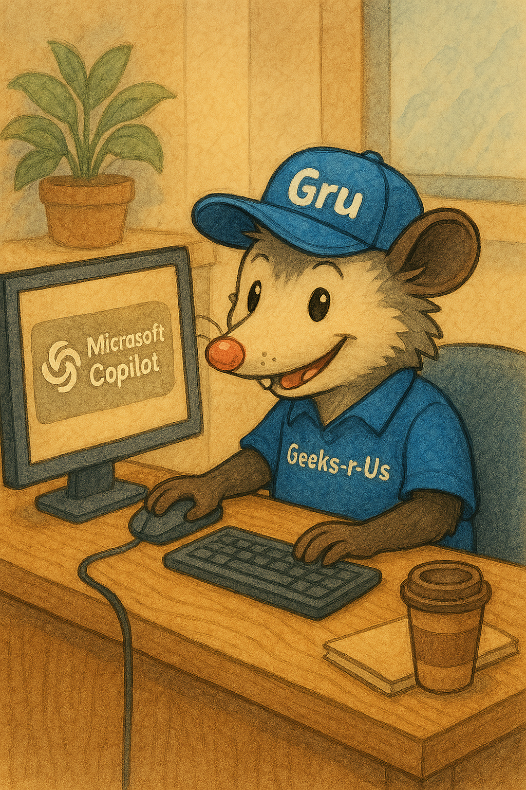Mascot Pauly O'Possum at computer using Microsoft Copilot.