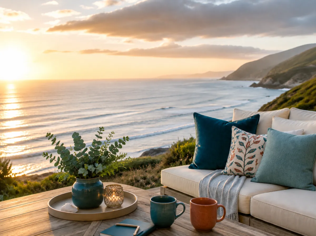 Composite photograph showing a calm lake and mountain range at sunrise in the background, smoothly blending into a cozy foreground with a textured sofa, books, and a coffee cup.