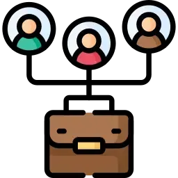 Group of three diverse professional avatars connected to a brown briefcase representing business collaboration and project assets.