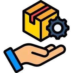 Graphic showing a cardboard package with a blue cogwheel hovering over an open palm, representing fulfillment and handling process.
