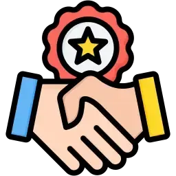 Icon showing two hands shaking under a gold star in a red seal, representing business excellence, trust, and collaboration.