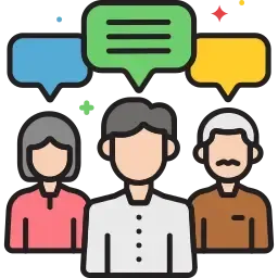 Three people engaging in discussion with multiple speech bubbles overhead, symbolizing effective team communication or conversation.