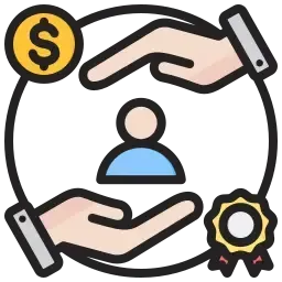 Icon illustrating a user receiving a dollar coin from one hand and a reward badge from the other, symbolizing compensation and recognition.