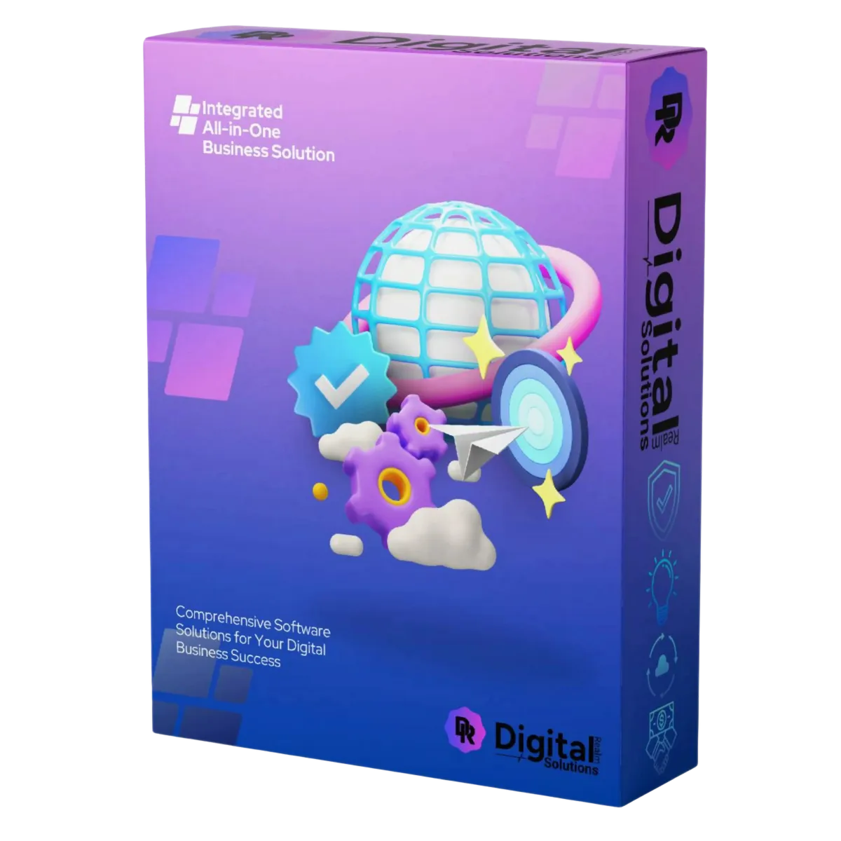 A purple and blue Digitalrealm Solutions software box is shown, highlighting its comprehensive features with graphics of a globe and business icons
