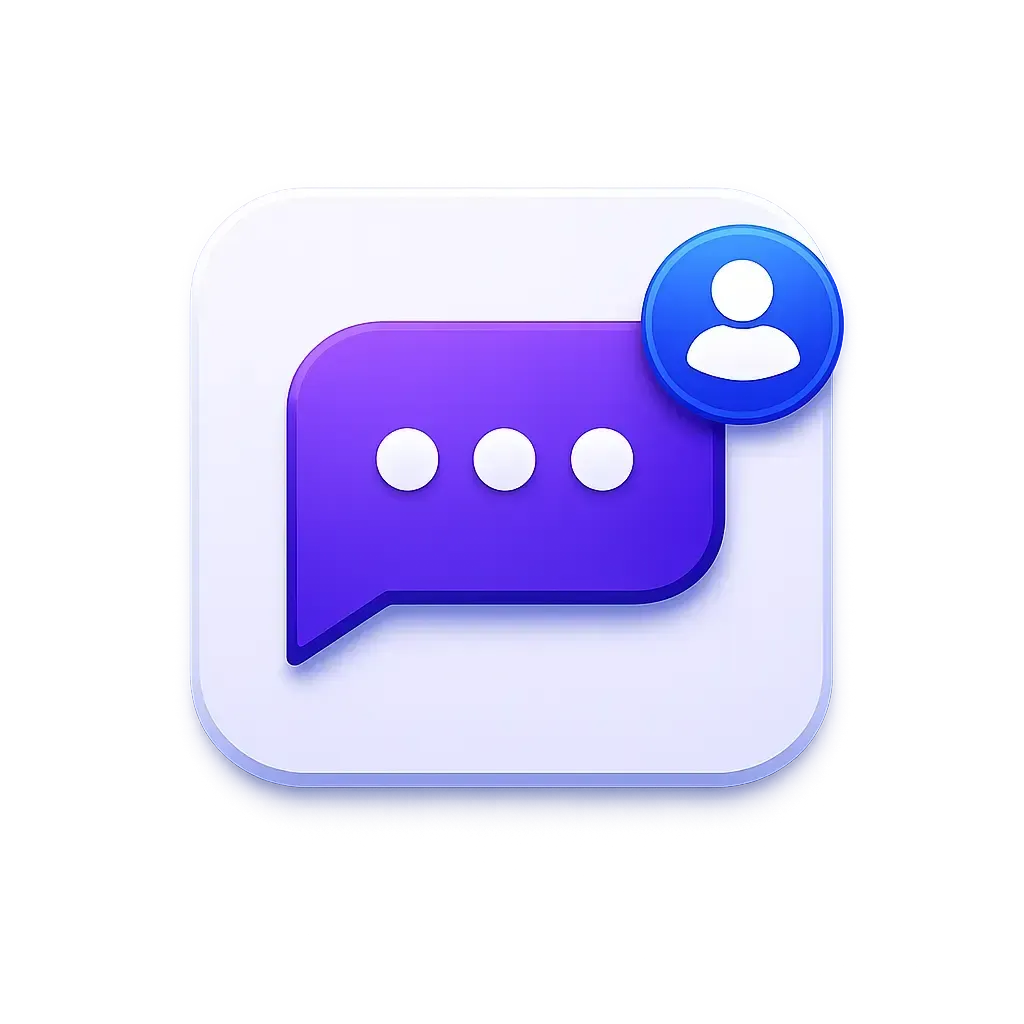 3D app icon featuring a purple speech bubble with three dots and a blue circular user avatar badge on a white rounded square