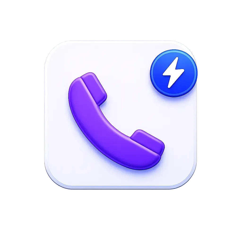 3D app icon featuring a purple phone receiver and a blue circular lightning bolt badge on a white rounded square
