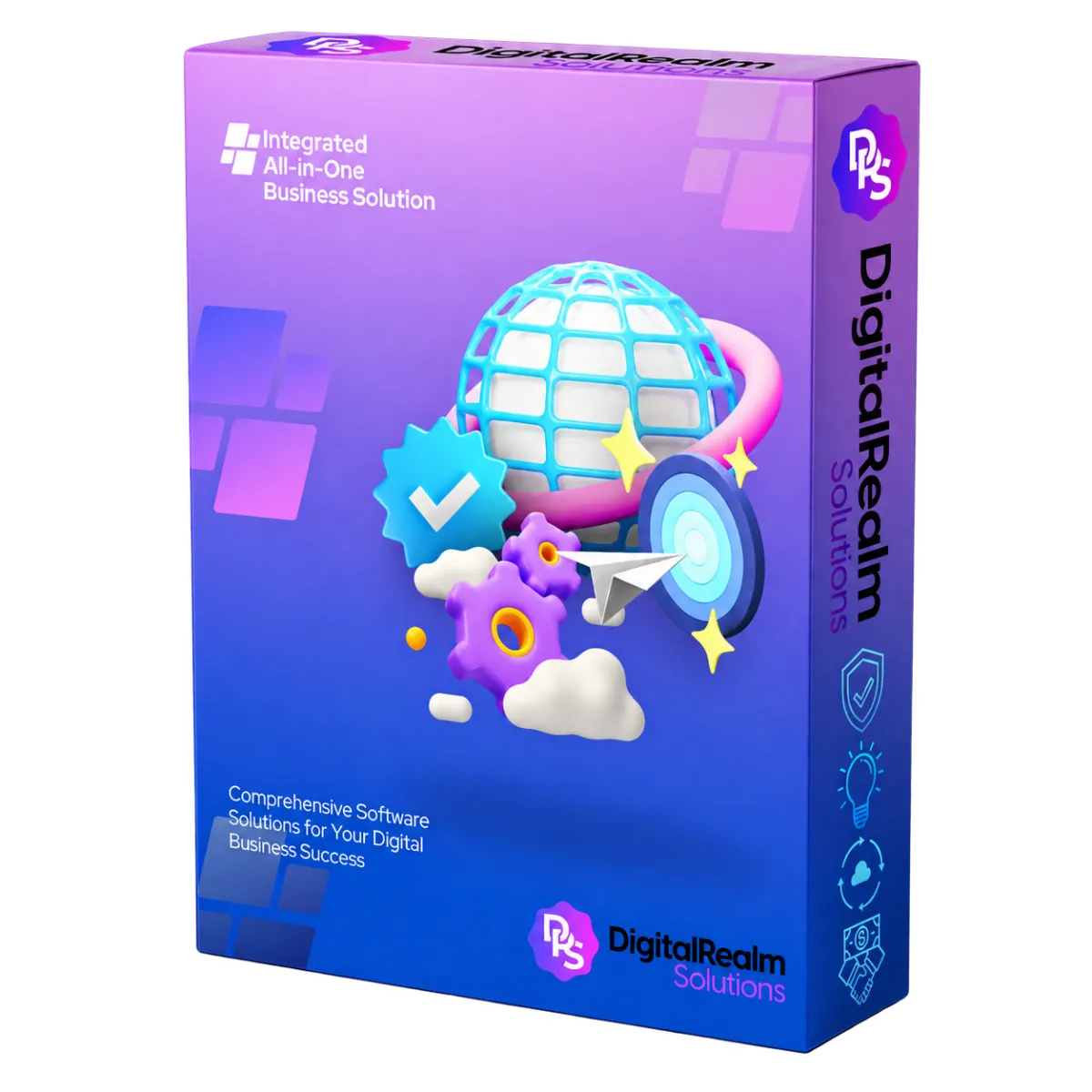 DigitalRealm Solutions software box featuring a globe, gears, and target illustration.