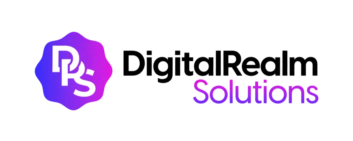 DigitalRealm Solutions logo with white DRS initials inside a purple gradient emblem.