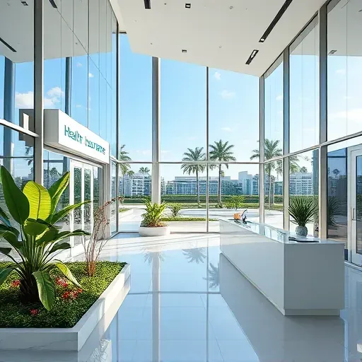Health insurance office in Doral FL showcases modern exterior, welcoming garden, and elegant lobby design.