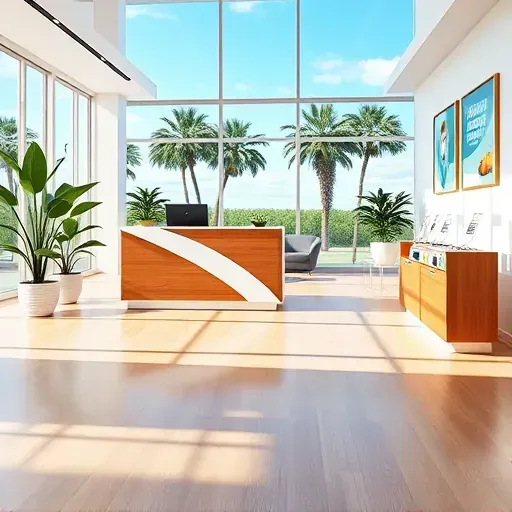 Modern health insurance office in Delray Beach with sleek reception, brochure stand, plants, and palm tree views.