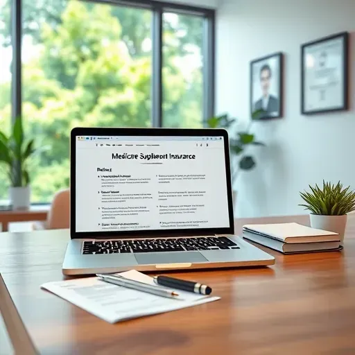 Modern workspace with sleek laptop, stacked documents, pen, and greenery outside for Medicare supplement insurance reviews