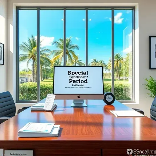 Modern office in Pembroke Pines fl with wooden desk, brochures, computer showing enrollment info, Florida view, professional vibe