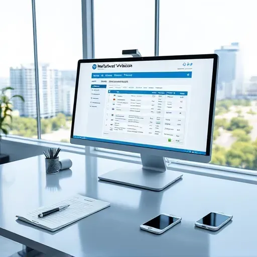 Modern workspace with a computer displaying a Medicare verification dashboard, office supplies, and a city view in Pembroke Pines FL