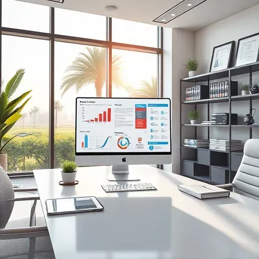 Modern Medicare Plan Optimization office in Pembroke Pines Florida with organized workspace, charts, brochures, and outdoor greenery