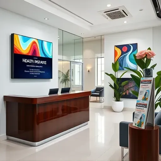 Health insurance office in Aventura, FL features modern reception area, sleek furnishings, digital sign, and vibrant decor.