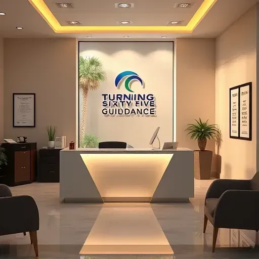 Organized Pembroke Pines office for Turning Sixty Five Guidance with reception desk, logo, modern furniture, and lush outdoor view