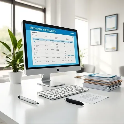 Clean organized Medicare verification workspace in Pembroke Pines FL with modern desk, computer, folders, certificates, and natural light