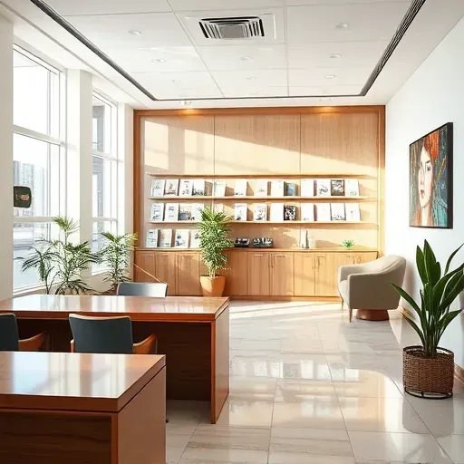 Modern health insurance office in Fort Lauderdale with elegant furnishings, natural light, organized brochures, and potted plants.