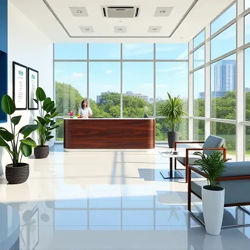 Modern health insurance office in Hialeah FL with sleek furniture, polished reception, and tranquil blue-white decor.