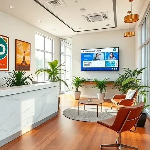 Health insurance office in Miami Gardens with modern reception, vibrant plants, stylish seating, and engaging graphics.