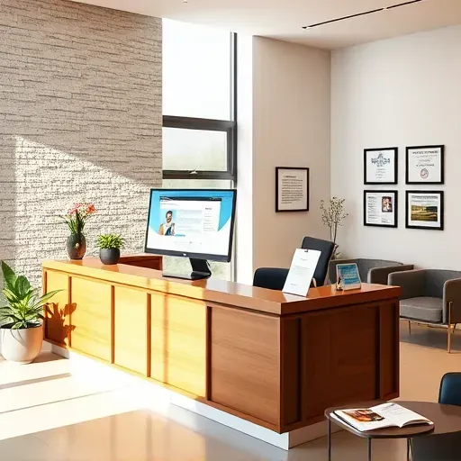 Modern office reception with wooden desk, Medicare brochures, natural light, plants, and comfortable waiting area