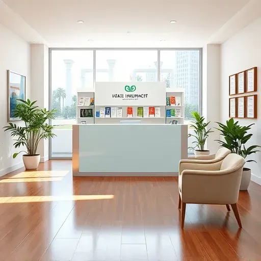 Modern health insurance office in Kendall FL featuring a welcoming reception area with glass desk, brochures, and plush chairs.