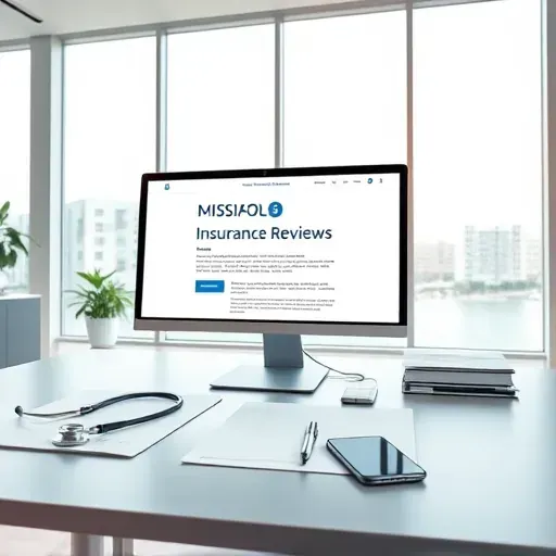 Modern office desk with computer displaying Medicare Supplement Insurance reviews, documents, smartphone, and healthcare icons in bright workspace