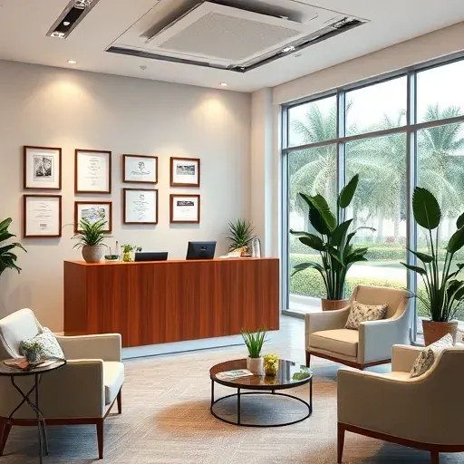 Health insurance office in West Palm Beach with a polished reception desk, green plants, and comfortable seating.