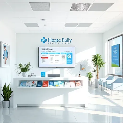 Modern Medicare support center in Pembroke Pines with a sleek reception, digital info screens, bright waiting area, and healthcare decor