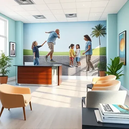 Modern health insurance office in Palm Beach Gardens with inviting reception, mural, and calming decor promoting wellbeing.