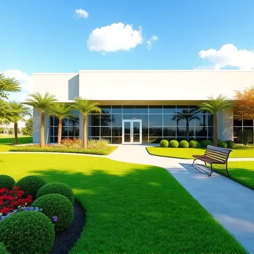 Modern community center in Pembroke Pines Florida with glass windows, lush landscaping, shaded benches, and bright sunny sky