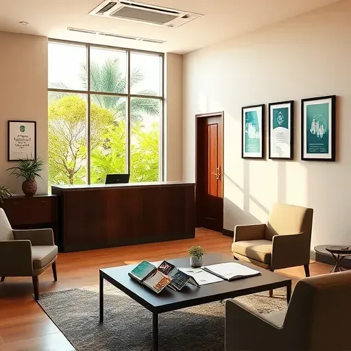 Health insurance office in Royal Palm Beach FL, featuring a modern interior, polished reception desk, and cozy seating areas.