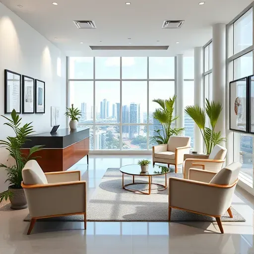 Modern health insurance office in Miami Lakes features a sleek reception area, large windows, and inviting decor.