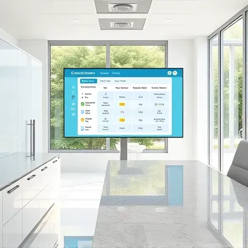 Modern medical consultation room with digital chronic condition plan interface, bright natural light, sleek white cabinetry, and medical equipment