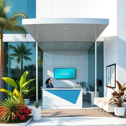 Health Insurance office in Lantana, FL features modern design, large windows, palm trees, and inviting reception area.